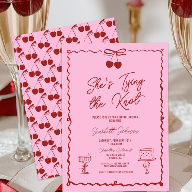 Invitación El rosa y el rojo atan la ducha de cerezas de Knot (She's Tying the Knot Red and Pink Hand Drawn Cherry Bridal Shower Invitation, Chic Elegant Modern )