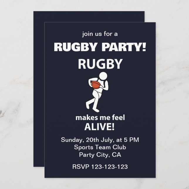 Invitación El Rugby Me Hace Sentir Vivo Fiesta de Rugby (Anverso / Reverso)