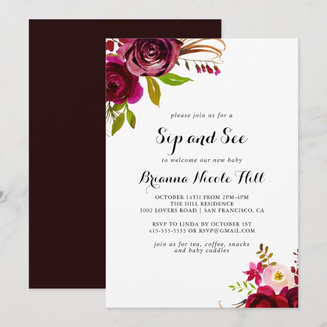 Invitación El ruidoso Rubor Burgundy Floral Sip and See (Anverso / Reverso)