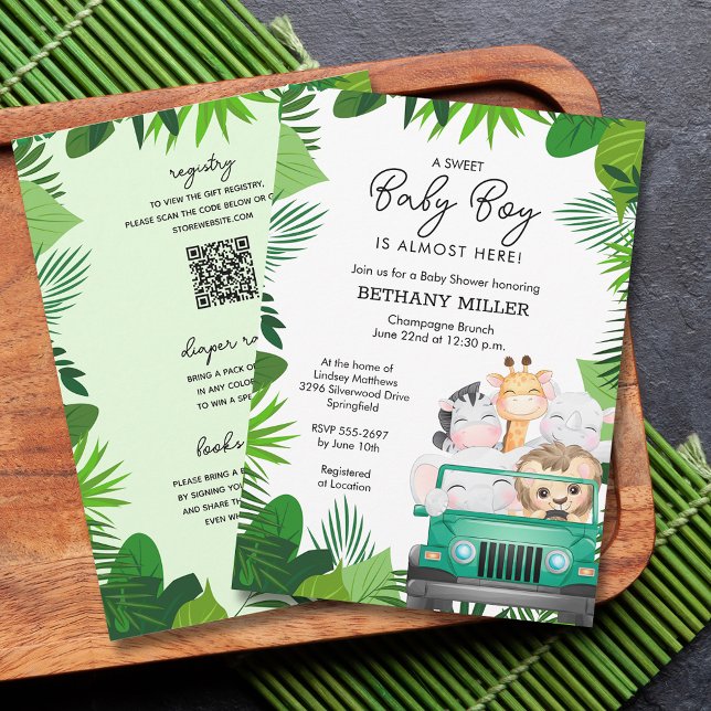 Invitación El Safari Animal De La Jungla, Baby Shower Todo En (Jungle animal safari boy baby shower all in one invitations - PRINTED and or INSTANT DOWNLOAD)