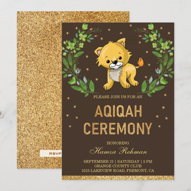 Invitación El Safari de la Selva cuece al bebé león Aqiqah (Anverso / Reverso)