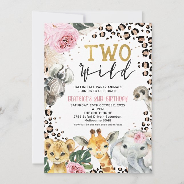 Invitación El Safari Floral Boho Dos Salvajes Cumpleaños Segu (Anverso)