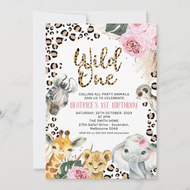 Invitación El Safari Floral Boho Salvaje Un primer cumpleaños (Anverso)