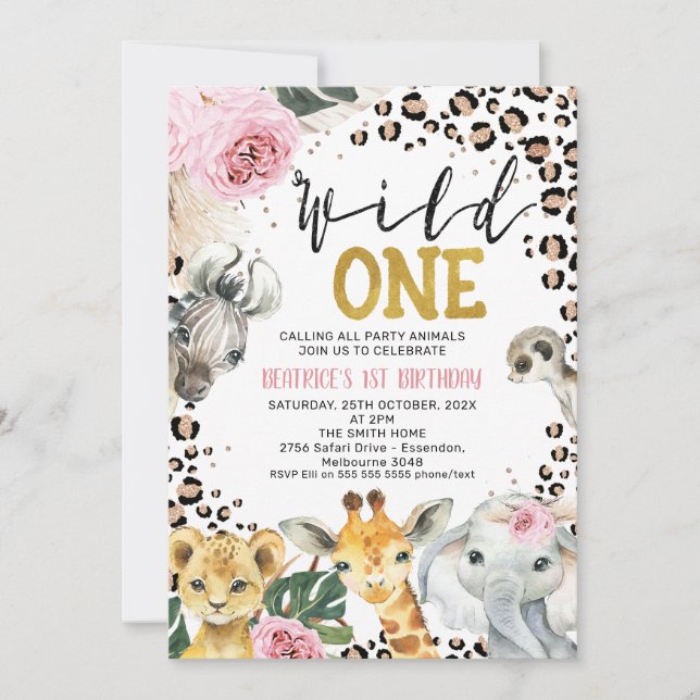 Invitación El Safari Floral Boho Salvaje Un primer cumpleaños (Anverso)