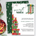 Invitación El secreto de los valores de Santa Stockings y la<br><div class="desc">Fiesta de intercambio de regalos secretos de Santa con regalos envueltos, medias de navidades y luces de cuerdas. La plantilla está configurada para que pueda personalizar con sus propias reglas e instrucciones. Diseño acuarela con título escrito a mano y paleta de colores festivos de rojo y verde. Por favor, navegue...</div>