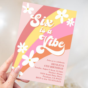 Invitación El seis rosado es un retro de vibra en el cumpleañ