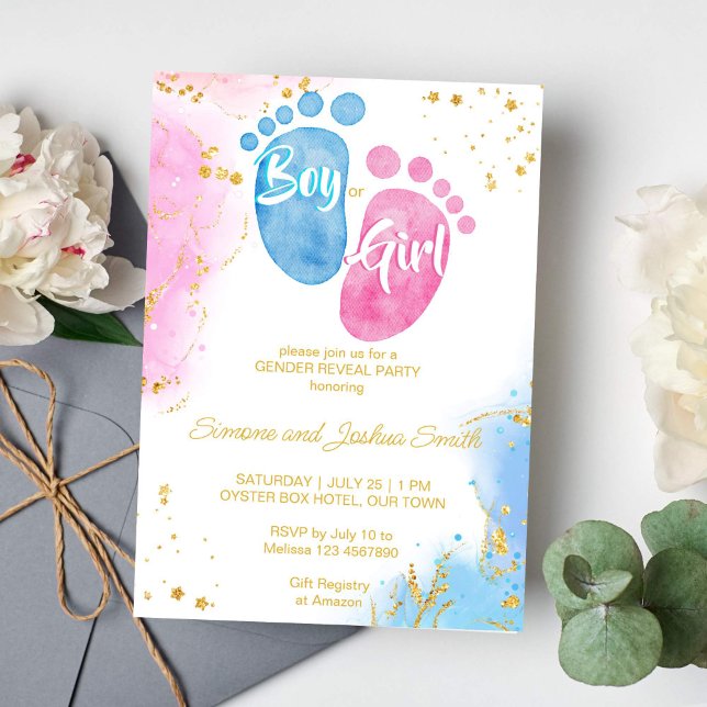 Invitación El sexo azul rosa de los pies del bebé o el chica  (Pink and blue baby feet gender reveal invitation template boy or girl he or she gold glitter invite)