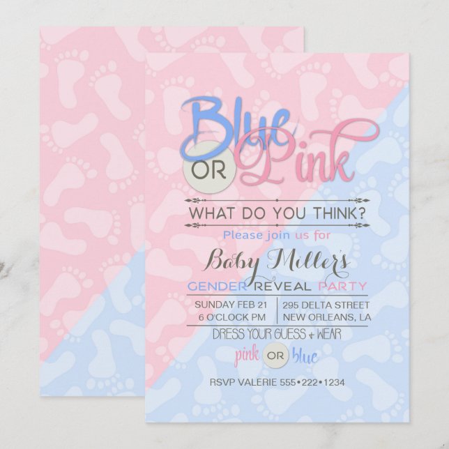 Invitación El sexo del bebé revela la huella azul rosa del Fi (Anverso / Reverso)