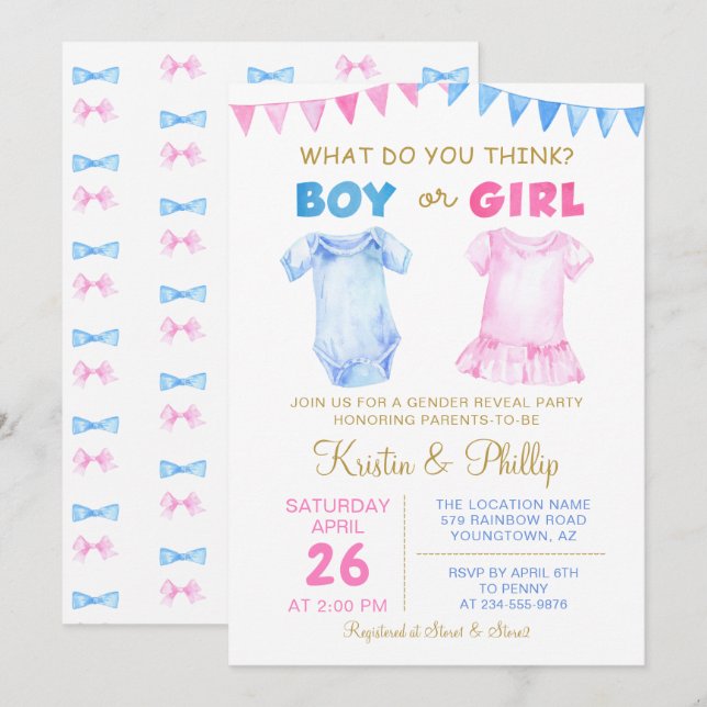 Invitación El sexo del niño o Chica revela la ducha azul rosa (Anverso / Reverso)
