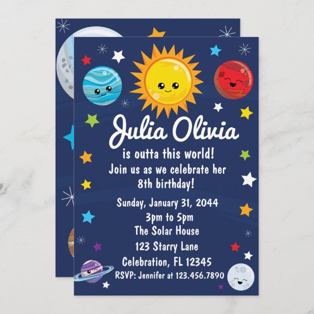 Invitación El sistema solar de Kawaii sale de este cumpleaños (Anverso / Reverso)