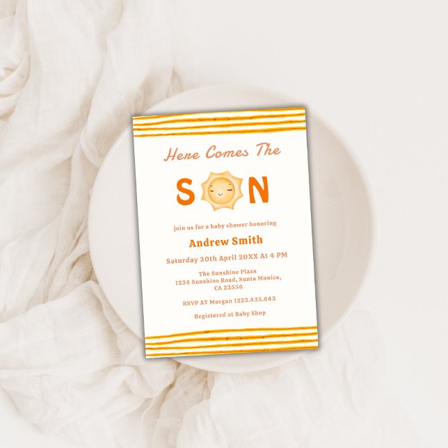 Invitación El Sol Caliente Aquí Viene El Baby Shower Del Hijo (Cute Sunshine Here Comes The Son Baby Shower Invitation)