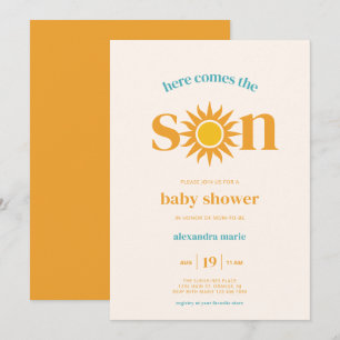 Invitación El Sol Retro Aquí Viene El Baby Shower Del Hijo