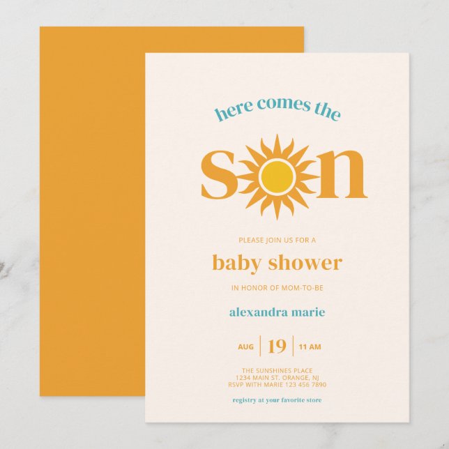 Invitación El Sol Retro Aquí Viene El Baby Shower Del Hijo (Anverso / Reverso)