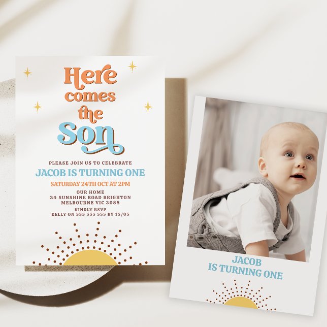 Invitación El Sol Retro Aquí Viene El Sol Primer Cumpleaños (Here comes the sun 1st birthday invitation, Sun birthday party, Sunshine first birthday boy, Retro )