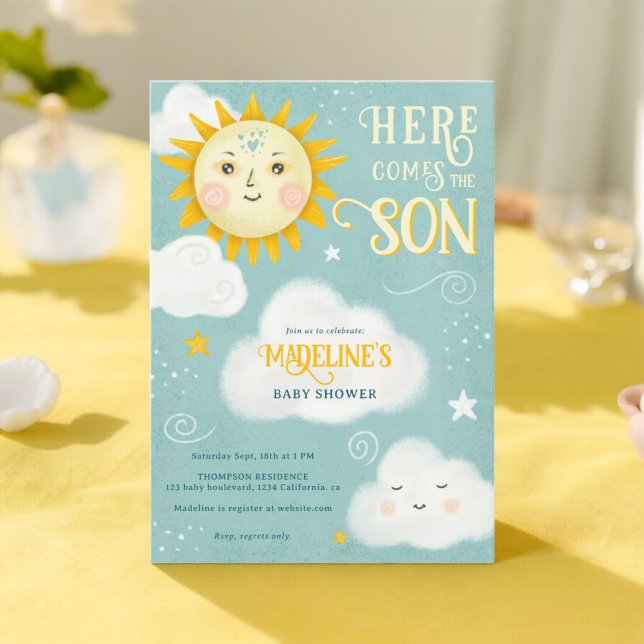 Invitación El Sol retro y caprichoso viene aquí el hijo de la (Retro whimsical Sun here comes the son baby shower Invitation)