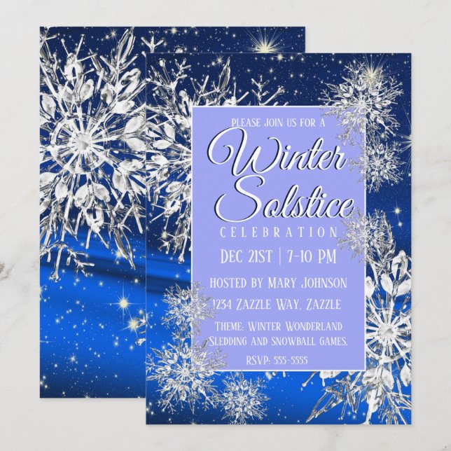 Invitación El solsticio de invierno, copo de nieve, azul (Anverso / Reverso)