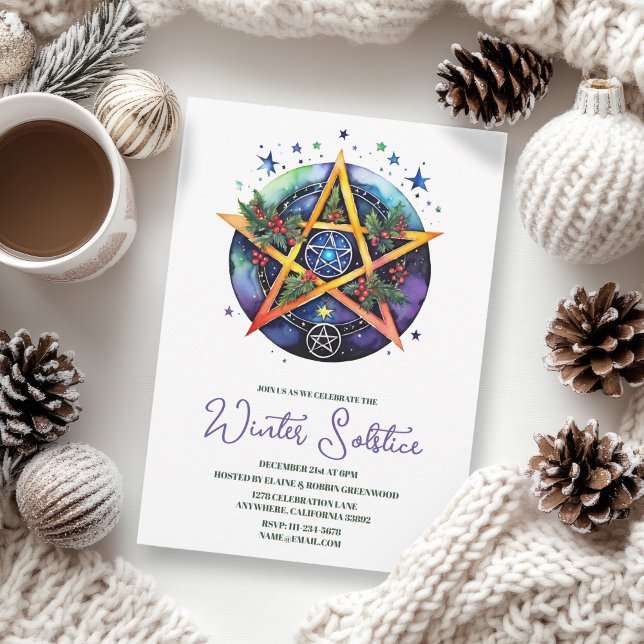 Invitación El solsticio de invierno Holly Yule Pentacle Pagan (Winter Solstice Floral Yule Pentacle Pagan Invitation)