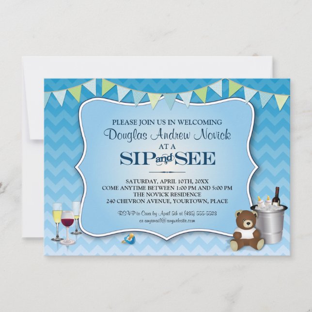 Invitación El sorbo azul del bebé de Ombre Chevron y ve (Anverso)
