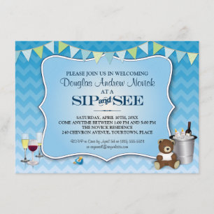 Invitación El sorbo azul del bebé de Ombre Chevron y ve