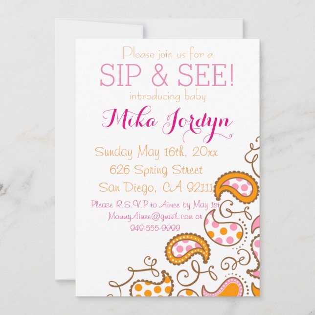 Invitación El sorbo del bebé de Paisley y ve (Anverso)