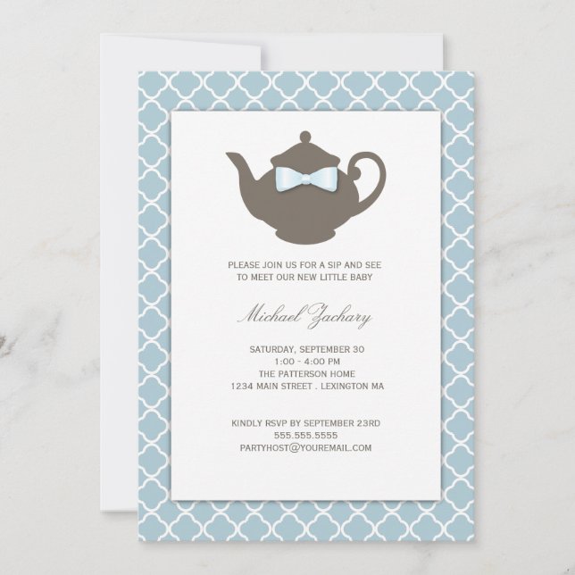 Invitación El sorbo dulce del bebé de la tetera del azul el | (Anverso)