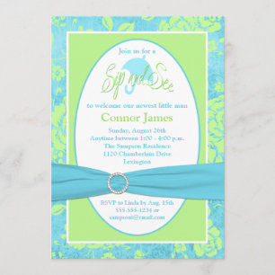Invitación El sorbo floral blanco del verde azul y ve la