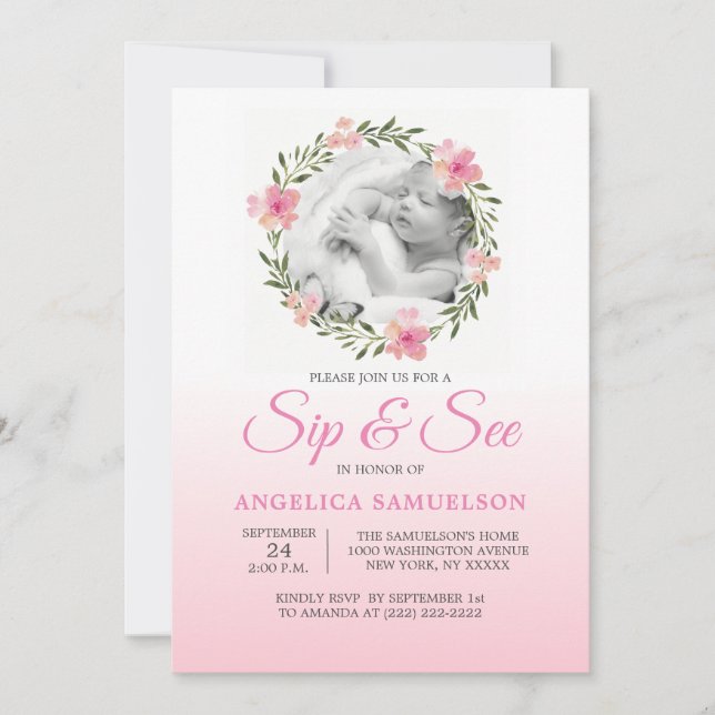 Invitación El SORBO floral del rosa de la guirnalda y VE la (Anverso)
