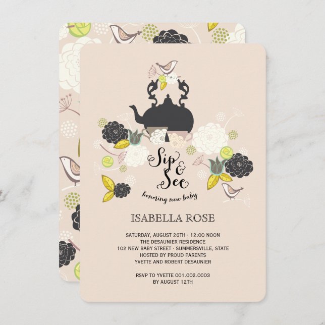 Invitación El sorbo floral elegante de los pájaros de las (Anverso / Reverso)