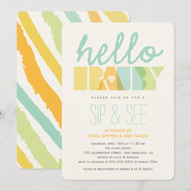 Invitación El sorbo moderno del verde hola y ve Baby Shower (Anverso / Reverso)