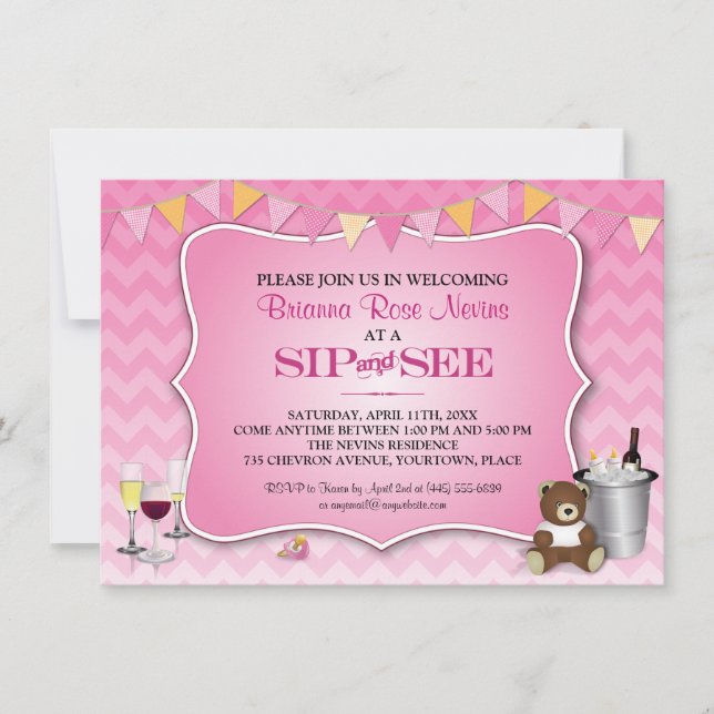 Invitación El sorbo rosado del bebé de Ombre Chevron y ve (Anverso)
