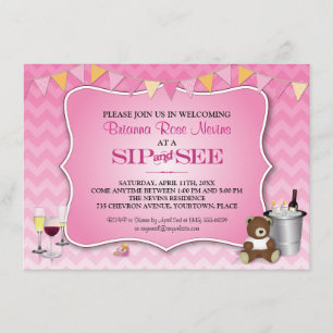 Invitación El sorbo rosado del bebé de Ombre Chevron y ve