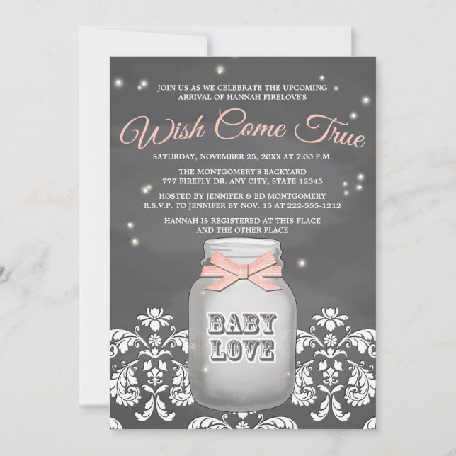 Invitación El tablero rosado Firefly Mason Jar Baby Shower (Anverso)
