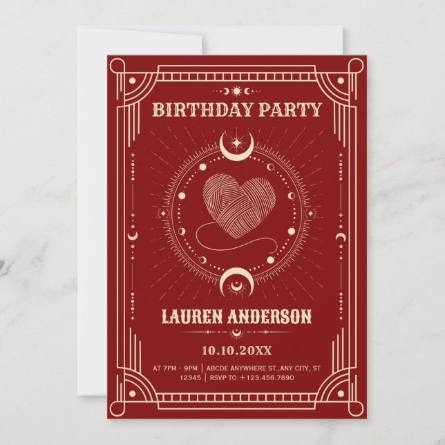 Invitación El tarot de romance rojo boho cumpleaños de la lun (Anverso)