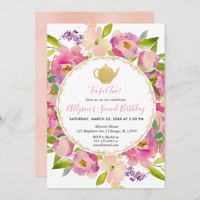 Invitación El té para dos se ruboriza cumpleaños floral (Anverso / Reverso)