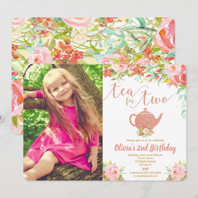 Invitación El té para dos subió la foto floral del 2do (Anverso / Reverso)