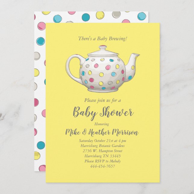 Invitación El Tea Party Baby Shower Polka Punto Neutral (Anverso / Reverso)