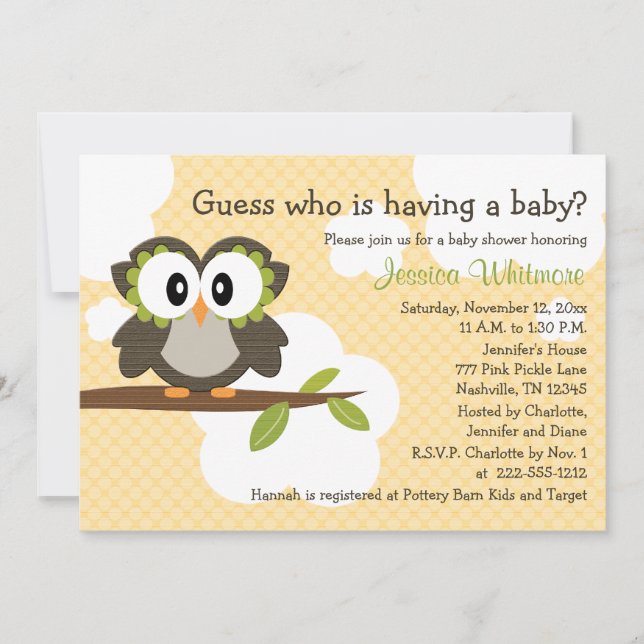 Invitación El tema de búho Baby Shower invita a las invitacio (Anverso)