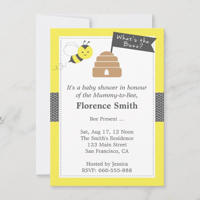 Invitación El tema de las abejas en Baby Shower en amarillo y (Anverso)