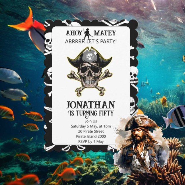 Invitación El tema de los piratas Fiesta Skull y los huesos (Pirate Themed Birthday Party Invitation)