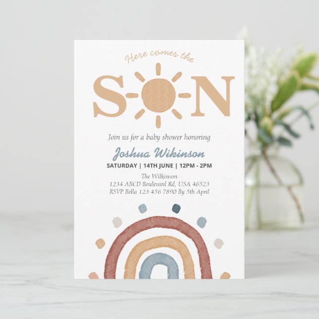 Invitación El tema del Boho aquí viene la ducha de bebé (Anverso de pie)