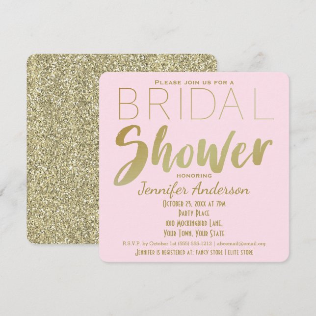 Invitación El tema del oro y el glamour rosa: ducha de novias (Anverso / Reverso)