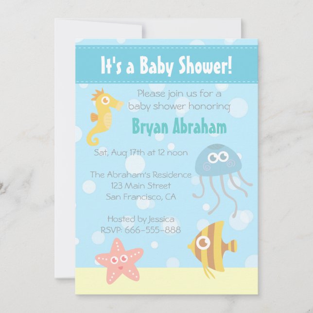 Invitación El tema subacuático Baby Shower de Kawaii invita (Anverso)