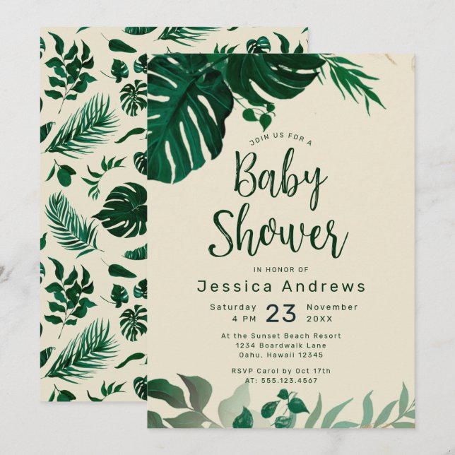 Invitación El tema tropical verde deja Baby Shower moderno (Anverso / Reverso)
