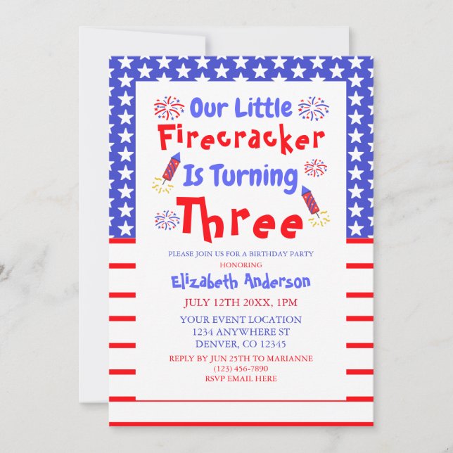 Invitación El tercer cumpleaños de Little Firecracker (Anverso)