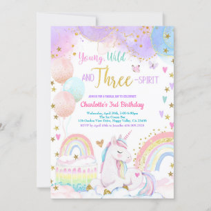 Invitación El tercer cumpleaños mágico de Unicornio Pastel Ra