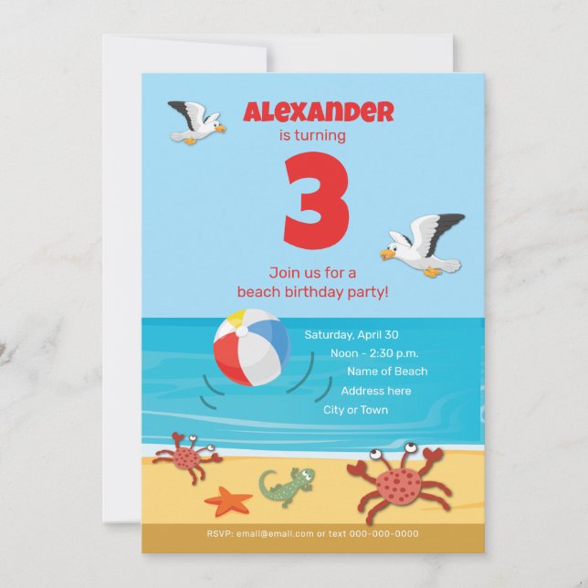 Invitación El tercer Fiesta de la playa de cumpleaños del niñ (Anverso)