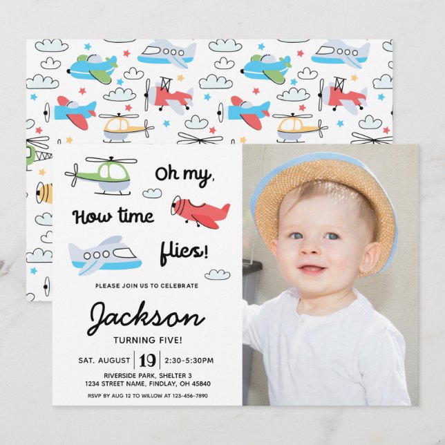 Invitación El tiempo vuela Helicóptero del avión Foto Cumplea (Anverso / Reverso)