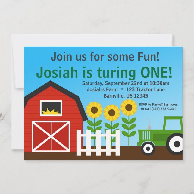 Invitación El tractor verde y la fiesta de cumpleaños roja (Anverso)