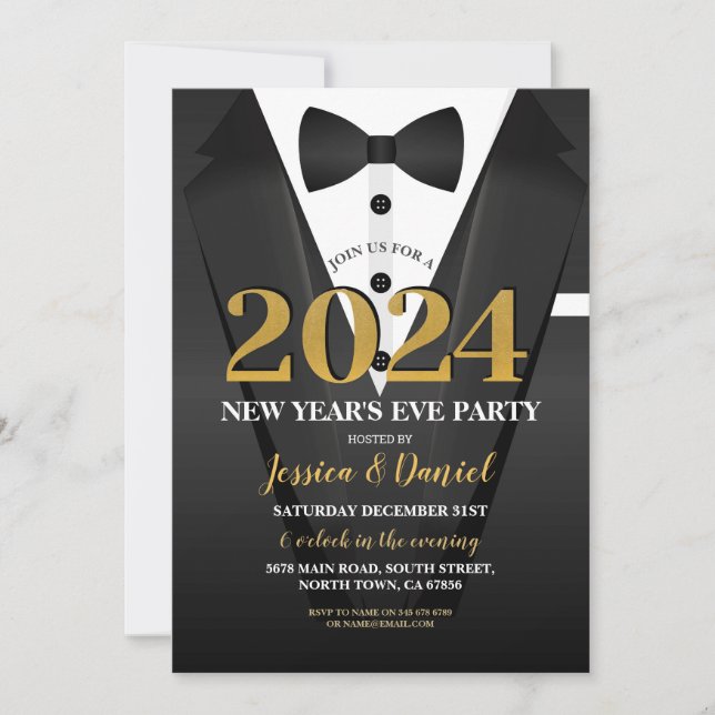Invitación El traje de esmoquín de Año Nuevo con el traje de  (Anverso)