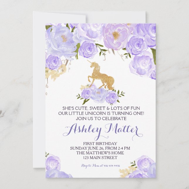 Invitación El unicornio púrpura de la acuarela del primer (Anverso)